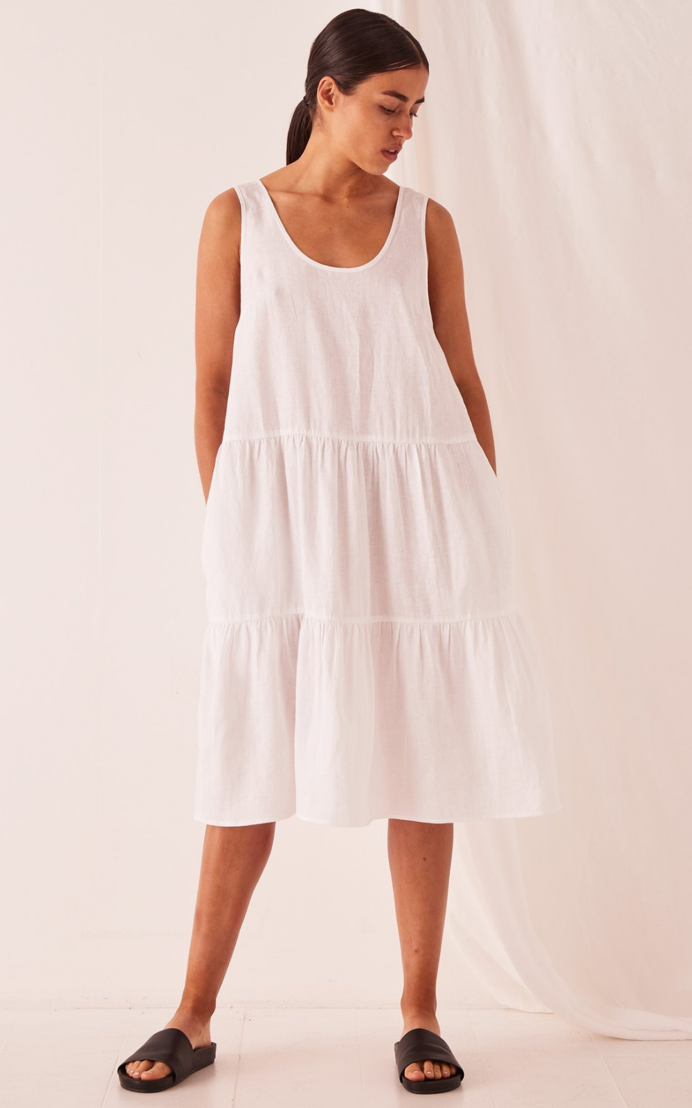 Tiered Linen Dress White – Cadenza Italy